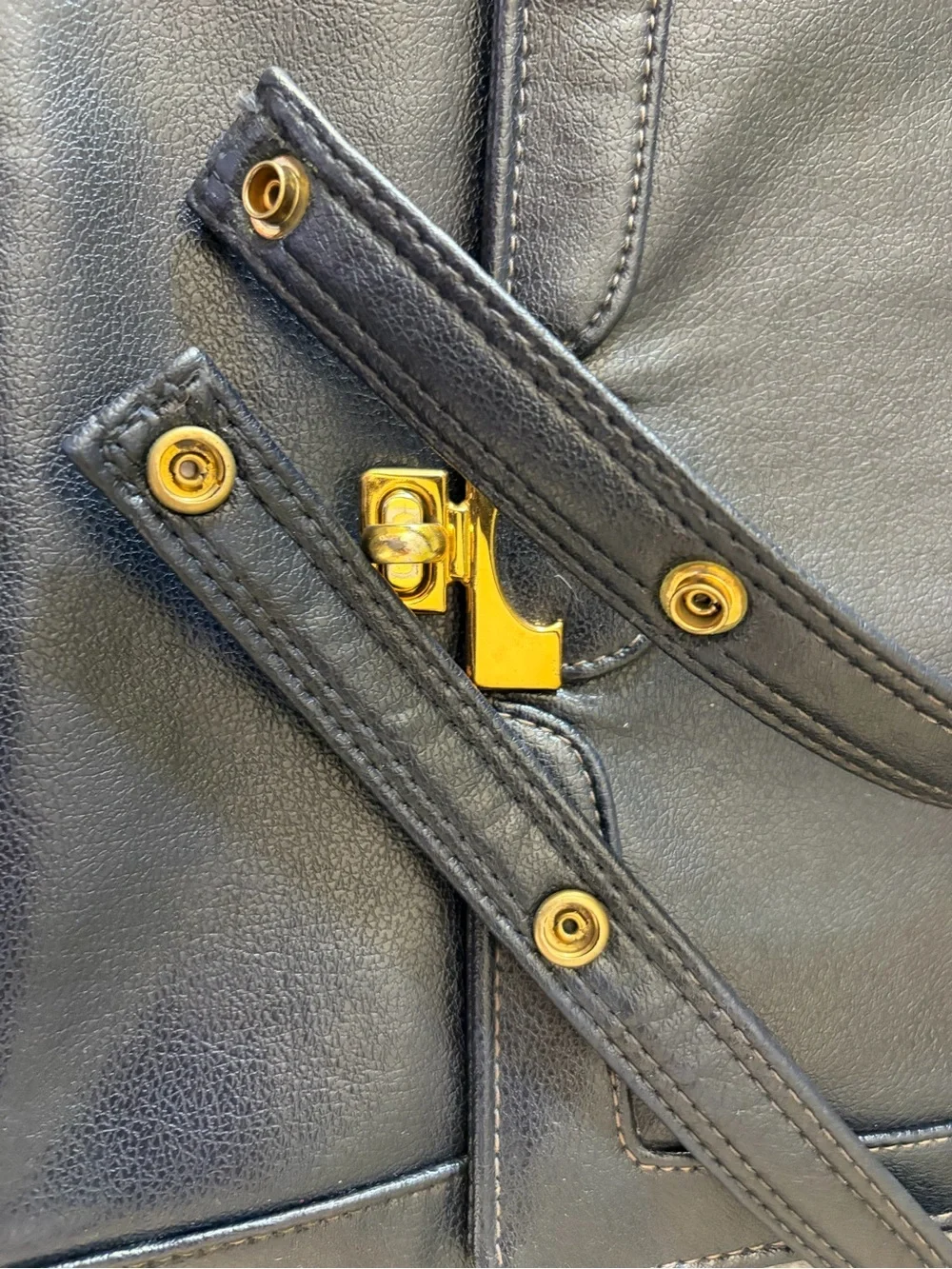 Vintage Dark Blue Leather Shoulder Bag with Gold Hardware